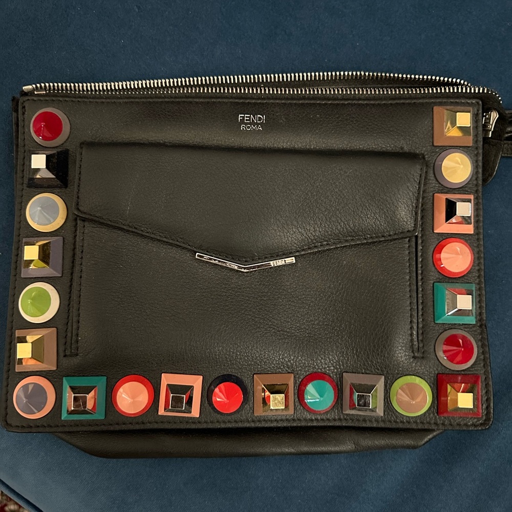 Fendi Black Leather Clutch with Multicolor Studs